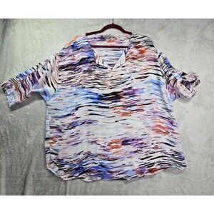 Jennifer Lopez Women's 0X XL Blouse Sheer Printed Roll Sleeve Top Shirt V Neck